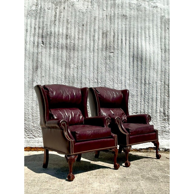 Vintage Regency Merlot Leather Wingback Chairs - A Pair For Sale - Image 9 of 10