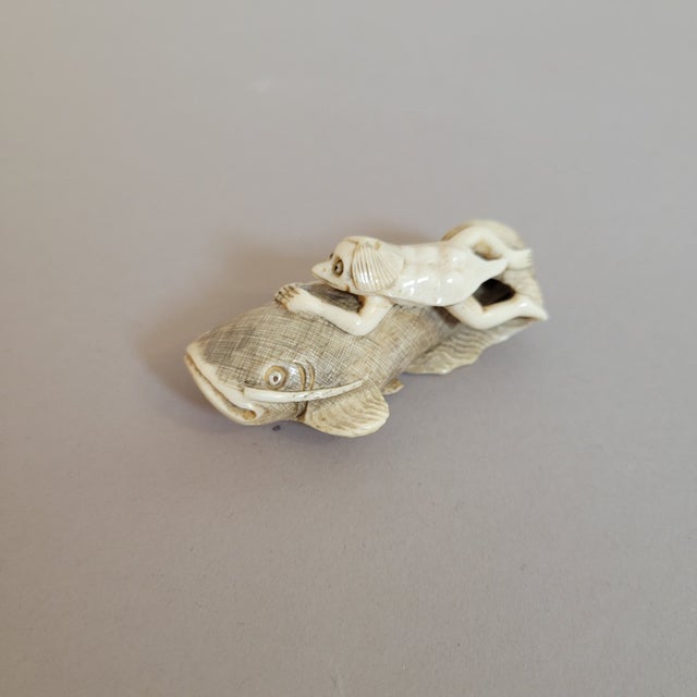 Japanese Bone Netsuke of Kappa Riding a Catfish, Meiji Period For Sale - Image 4 of 9