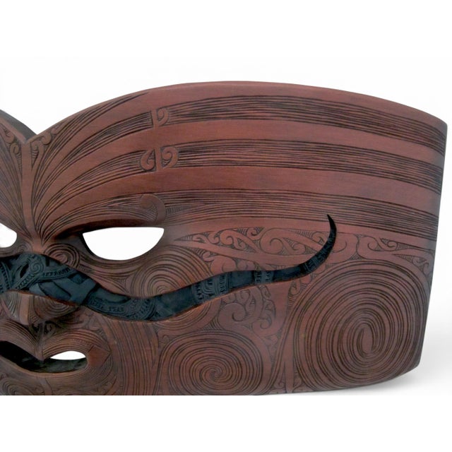 John Collins Maori New Zealand Ta Moko Carved Wood Whaikairo Rakau Mask For Sale - Image 10 of 15