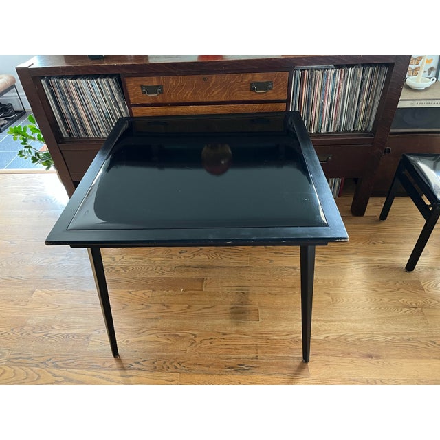1950s 1950s Vintage Stakmore Folding Game Table Set. Cane-Back Seating & Jet-Black Gloss Vinyl - Set of 3 For Sale - Image 5 of 12