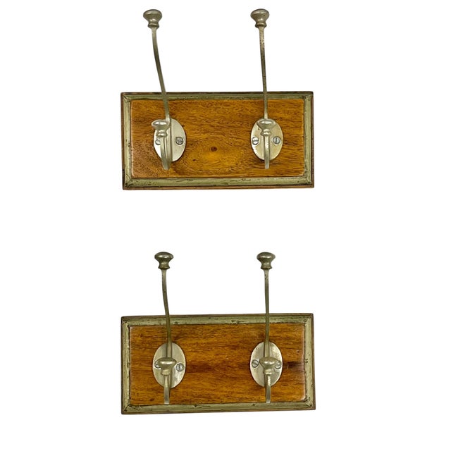 French Provincial Pair of Vintage French Mid Century Wood and Metal Double Wall Hooks on Wood Plaques For Sale - Image 3 of 18