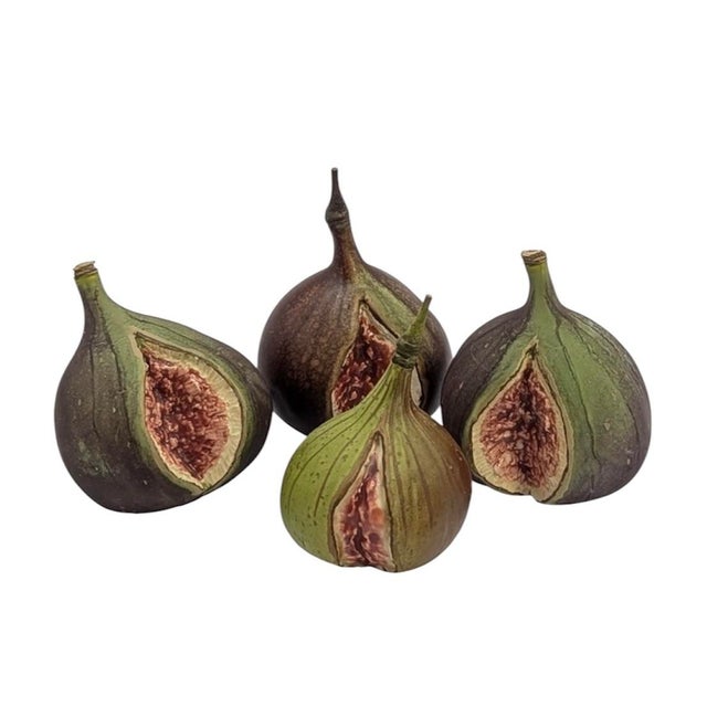 Charming, vintage, English ceramic fig objects. Each features a hand sculpted, ceramic body, in verigated shades of green...