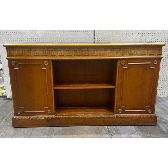 Neoclassical Fine Vintage Sligh Furniture Greek Key Leather Top Bookcase Front Knotty Pine Desk For Sale - Image 3 of 12