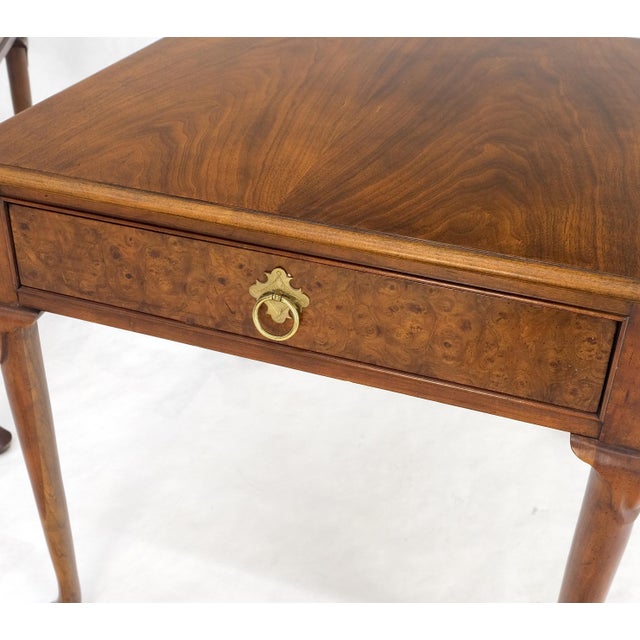 Baker Burl Wood Walnut Brass Drop Ring Pulls One Drawer Nightstands End Tables - A Pair For Sale - Image 6 of 11