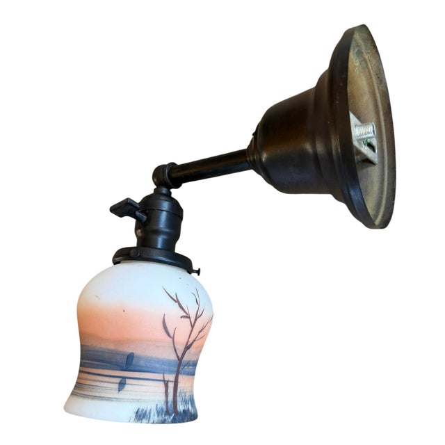 Ebony Pair of Antique Hand Painted Tree and Lake Scene Wall Sconces For Sale - Image 8 of 8