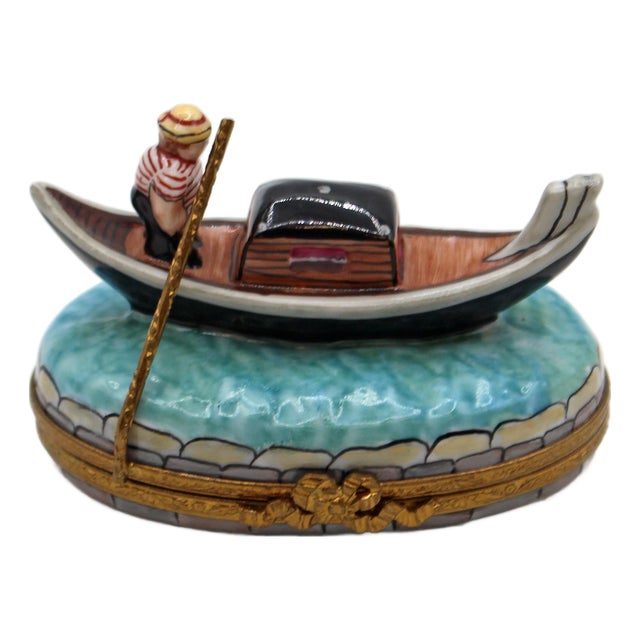 Vintage French Limoges Porcelain Gondolier Gondola Form Trinket Box For Sale