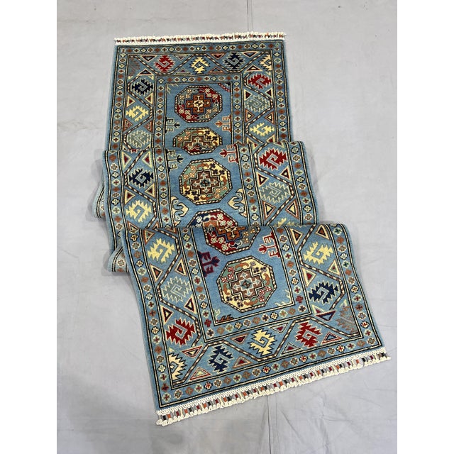 Blue and Burgundy Bokhara Wool Runner Rug With Tribal Gul Motifs, 2'11" X 9'7" For Sale - Image 4 of 17