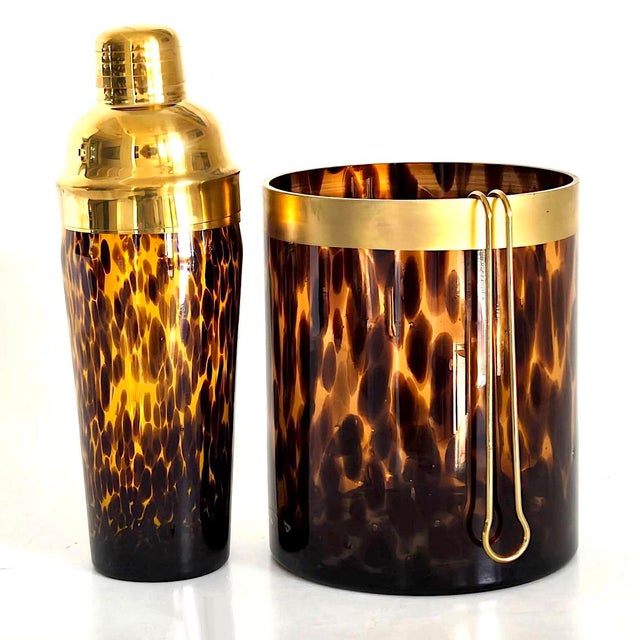 2010s Faux Tortoise Shell Glass Cocktail Set With Brass Accents, 4 Piece Set For Sale - Image 5 of 8