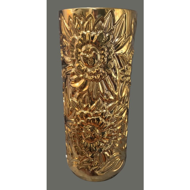 Late 20th Century Late 20th Century Hollywood Regency Gold Embossed Ceramic Floral Umbrella Cane Vase Stand For Sale - Image 5 of 10