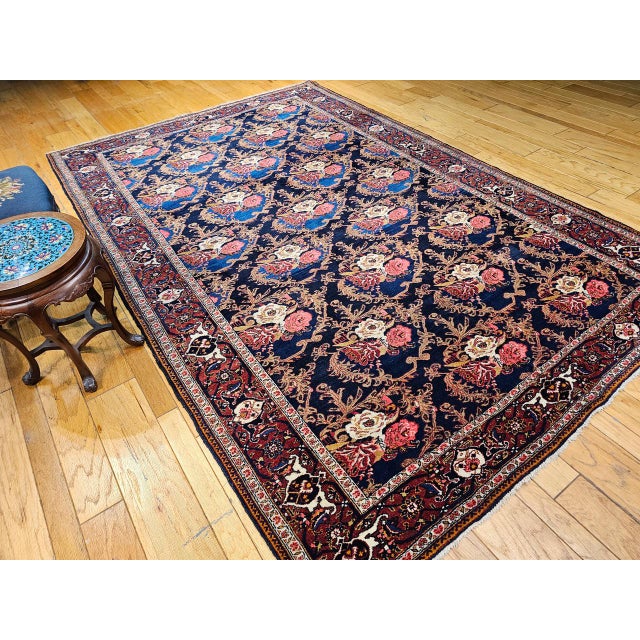 1900 - 1909 Vintage Persian Tabriz Area Rug, Hand-Knotted Wool, Allover Floral Gol Farang Pattern, Navy & Red, 7x11 For Sale - Image 5 of 14