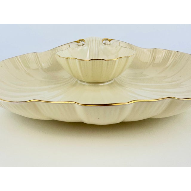Lenox Vintage Lenox Ivory Porcelain Shell Serving Platter With Gold Trim and Dip Bowl For Sale - Image 4 of 12