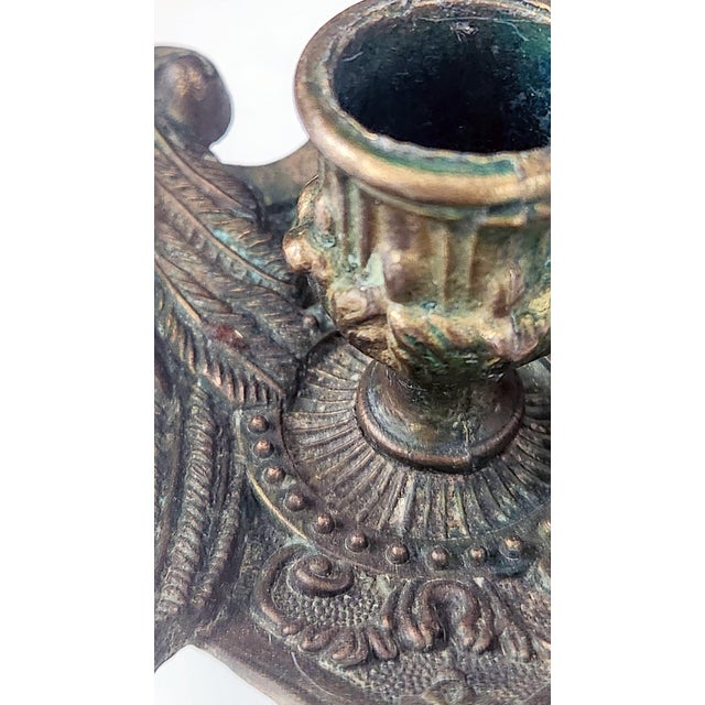 Antique Brass Rococo Revival Chamberstick Candle Holder With Verdigris Patina For Sale - Image 10 of 12