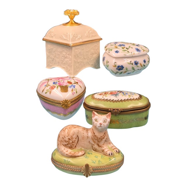 Vintage Curated Collection Fine Porcelain Trinket Boxes Featuring Tiffany & Co., Limoges & Lenox- Set of 5 For Sale