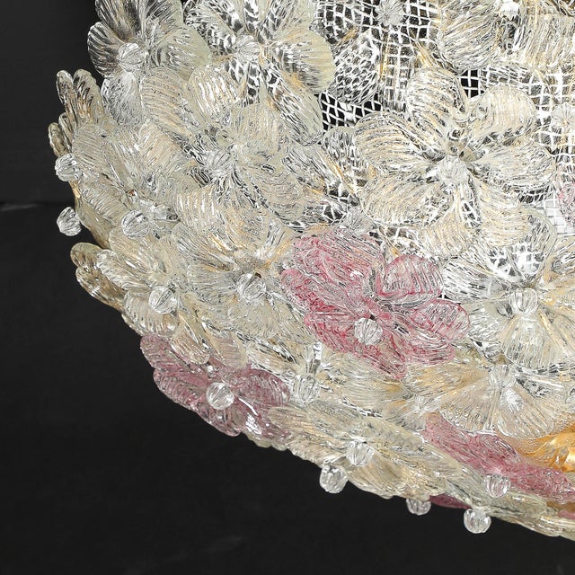 Metal Mid-Century Hand-Blown Rose Murano Glass Florets Chandelier Attributed to Barovier & Toso For Sale - Image 7 of 14