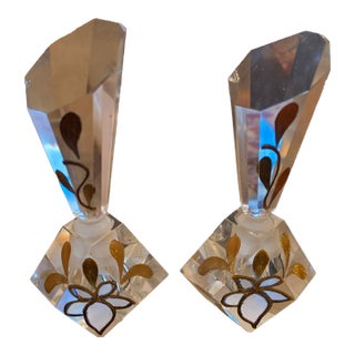 Mid-Century Pair Beautiful Large Cut Clear Crystal Prism Perfume Bottle Etched Gold Floral For Sale