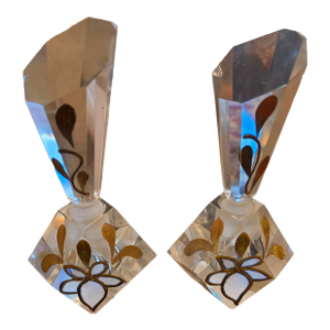 Mid-Century Pair Beautiful Large Cut Clear Crystal Prism Perfume Bottle Etched Gold Floral