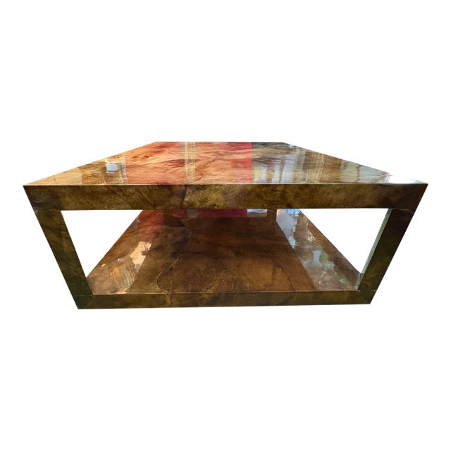 Karl Springer Attributed Lacquered Goatskin Cocktail Table. Offered is a handsome Post-Modern square neutral lacquered...