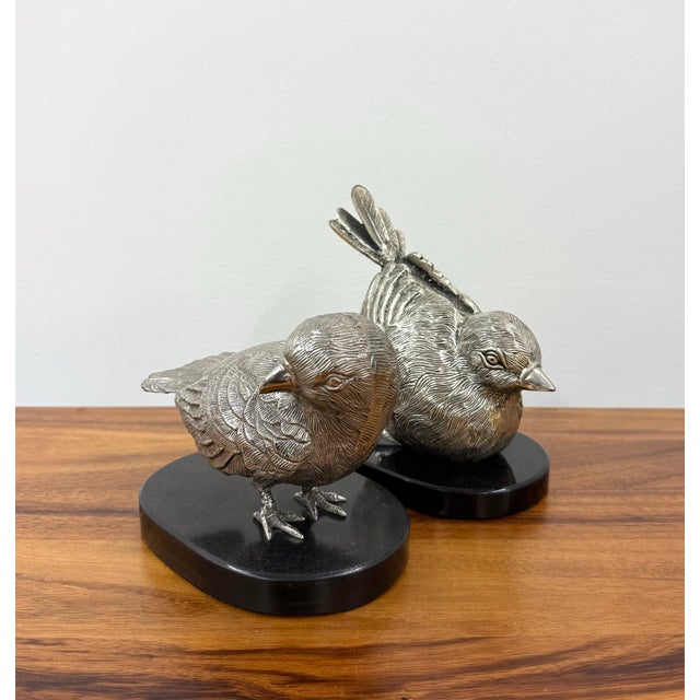 Figurative Mid 20th Century Solid Metal Bird Sculptures on Stone Base - Pairs For Sale - Image 3 of 7