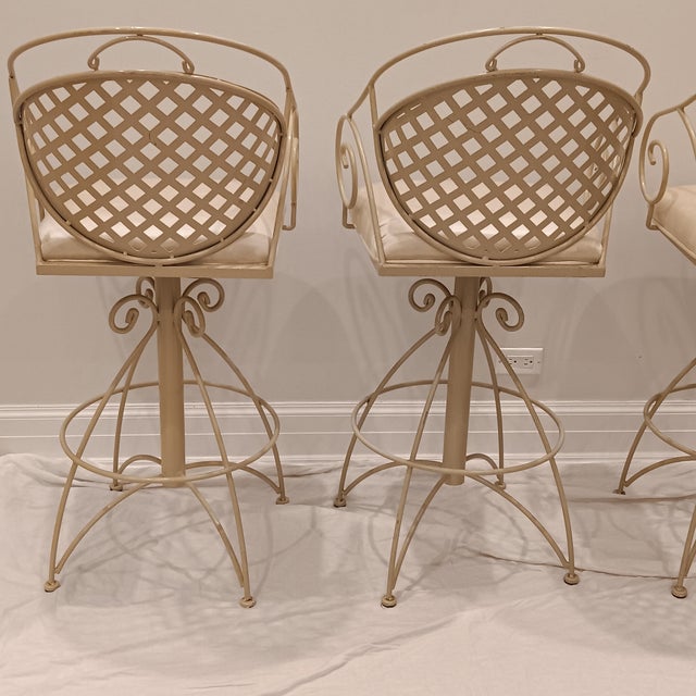 Vintage French Style Wrought Iron Indoor/Outdoor Swivel Barstools W/Cream Coating, Lattice Back and a Beautiful Silky Cream Upholstered Seat, 3 Pieces For Sale In Chicago - Image 6 of 16
