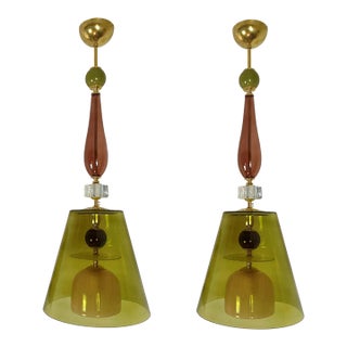 Pair of Olive Green Glass Mid-Century Modern Pendants, Italy For Sale