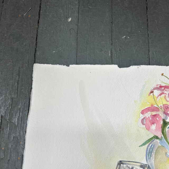 Impressionist 1980’s Original Impressionist Pink Lilies Still Life Watercolor Painting For Sale - Image 3 of 5