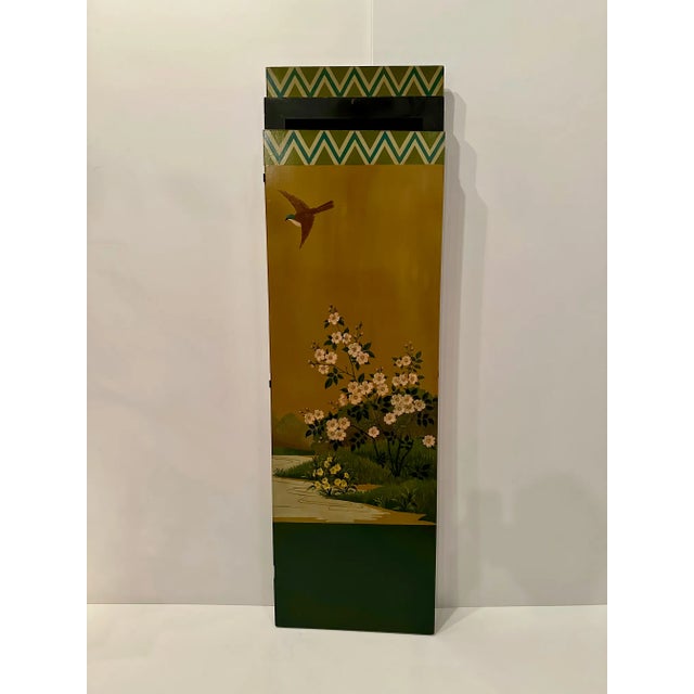 Beautiful hand painted Deco style 3 panel screen having an Asian motif with mustard background and birds, trees and...
