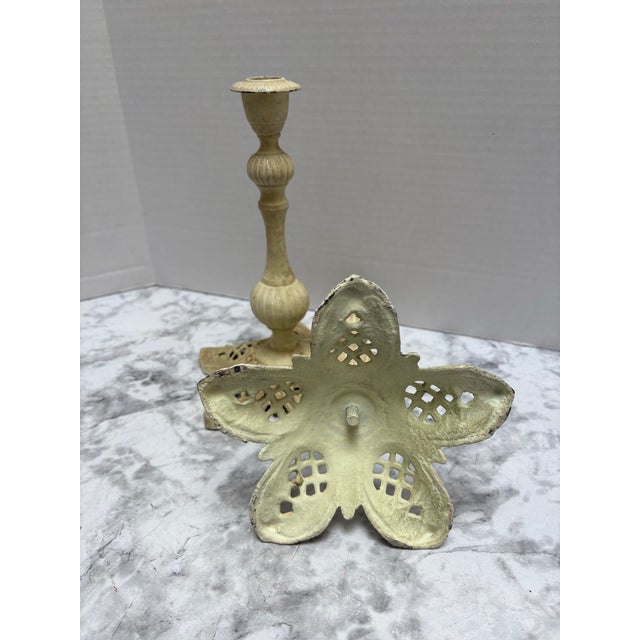 Vintage Creamy Toned Iron Candleholders - A Pair For Sale - Image 4 of 7