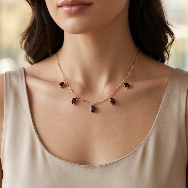 Contemporary Garnet Dangle Station Birthstone Necklace in 18k Gold Plated Sterling Silver For Sale - Image 3 of 4