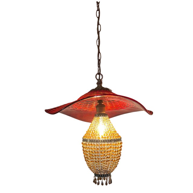 Red Murano Swirl Art Glass Shade and Amber Beads Pendant Lamp For Sale - Image 14 of 18