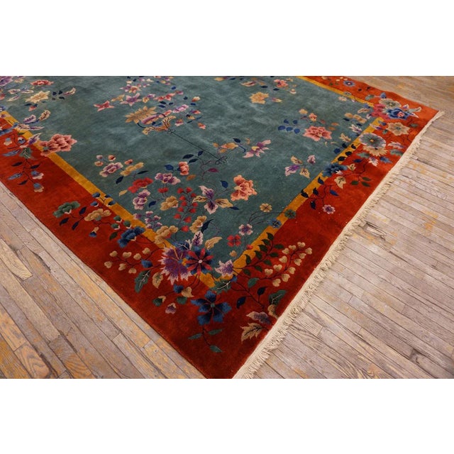 1920s Turquoise Vase Floral Antique Chinese Art Deco Rug 10' 8" X 11' 8" Knotted Wool Carpet For Sale - Image 9 of 15