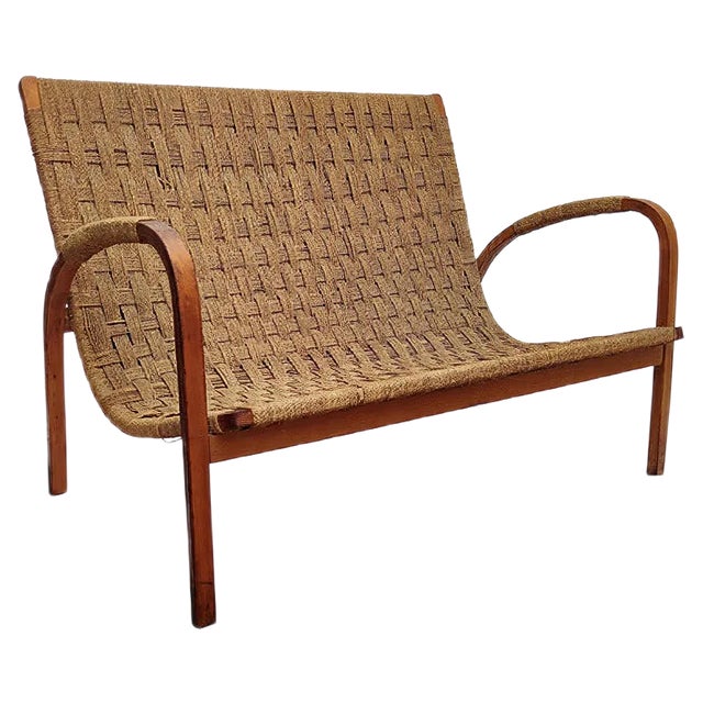 Mid-Century Italian Wood and Cord Woven Rope Bench, 1960s For Sale