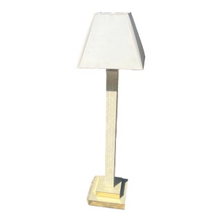 Vintage Mid Century Modern 1970s Tessellated Tile and Brass Floor Lamp Colombia Silk Shade For Sale