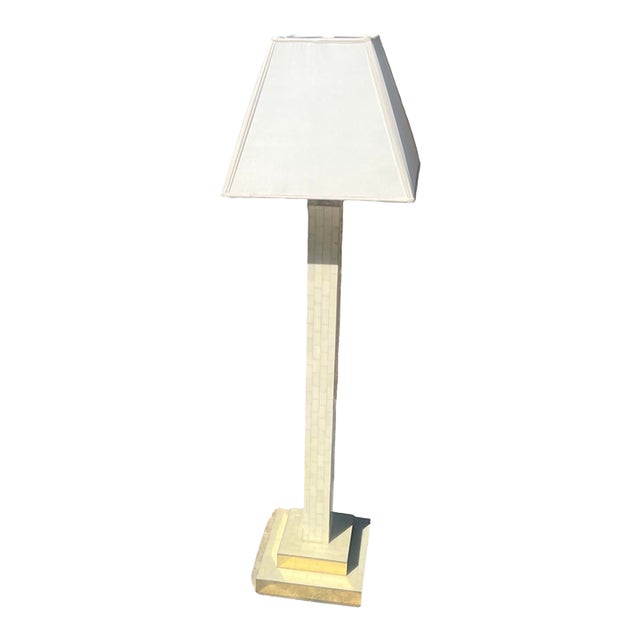 Vintage Mid Century Modern 1970s Tessellated Tile and Brass Floor Lamp Colombia Silk Shade For Sale