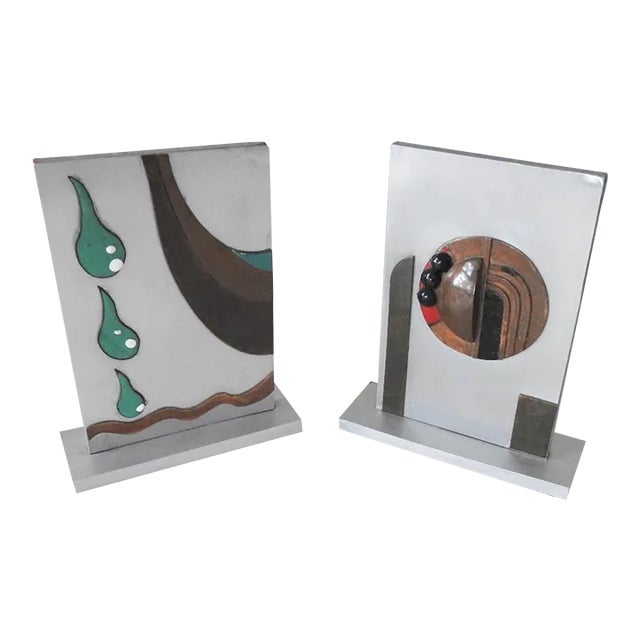 Vintage Abstract Art Deco Metal Enamel Sculpture Bookends For Sale