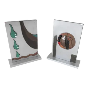 Vintage Abstract Art Deco Metal Enamel Sculpture Bookends