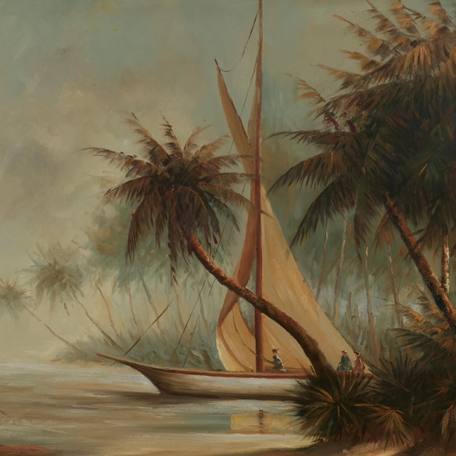 Large Tropical Painting of a Boat With Palm Trees For Sale In West Palm - Image 6 of 13