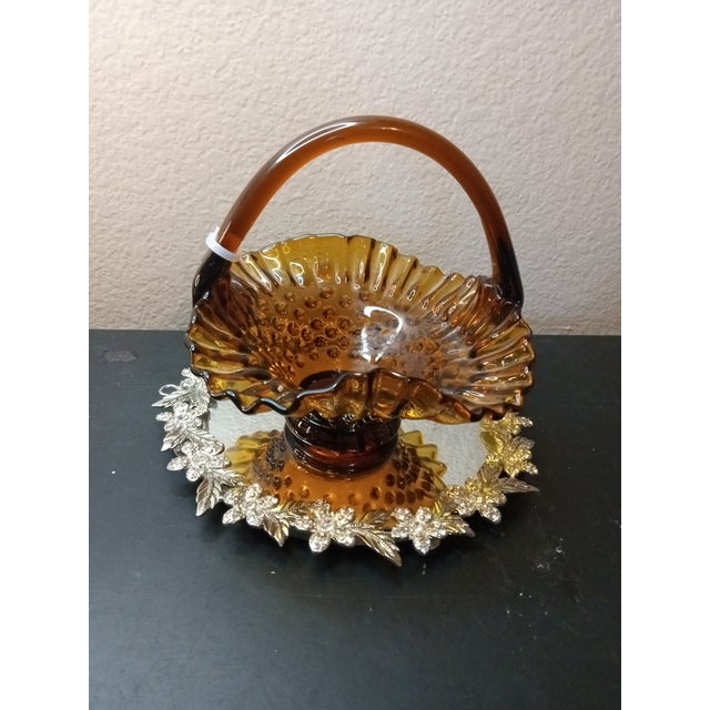 American Vintage Fenton Amber Hobnail Wedding Basket Vase For Sale - Image 3 of 6