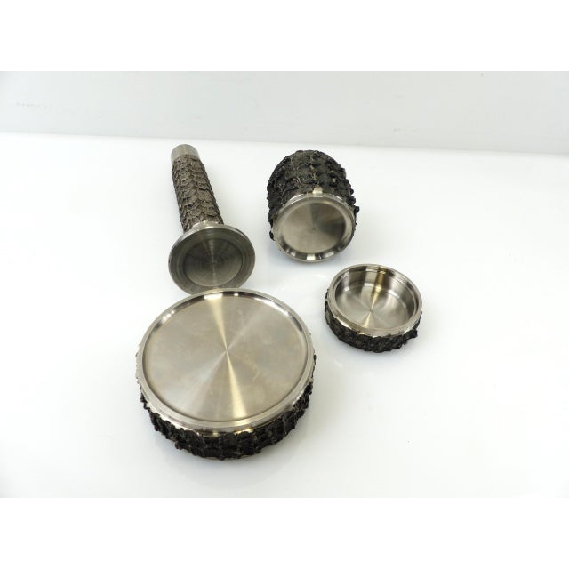 1970s Brutalist Metal Ashtray with Cigarette Box and Vase from BMF, Germany, 1970s, Set of 3 For Sale - Image 5 of 6
