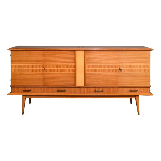 1960s Mid-Century Modern French Mahogany Sideboard Credenza With Brass Accents For Sale