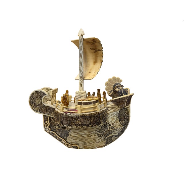 1960s Vintage Asian Cream Bone Inset Treasure Ship Display Art Figure For Sale - Image 5 of 16