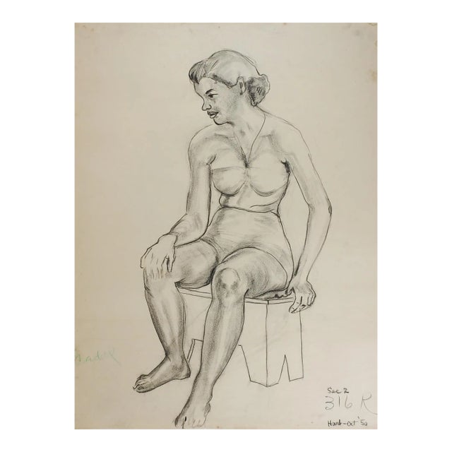 Vintage 1950 Charcoal Portrait Study Drawing of Woman For Sale