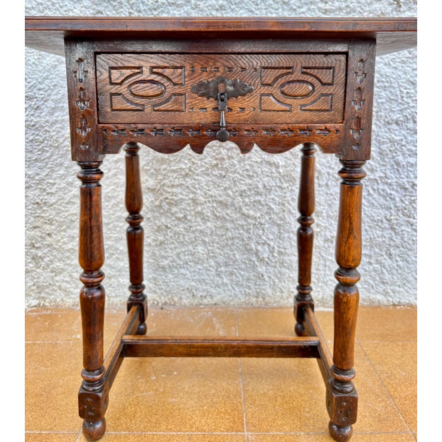 Antique Castilian Oak Side Table With One Carved Drawer, 1920s For Sale - Image 14 of 15