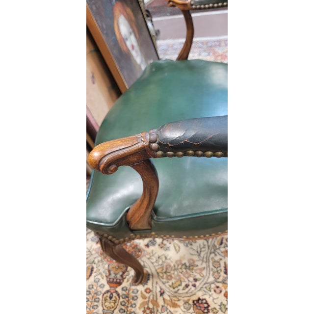 American Antique French Green Leather Arm Chair For Sale - Image 3 of 13