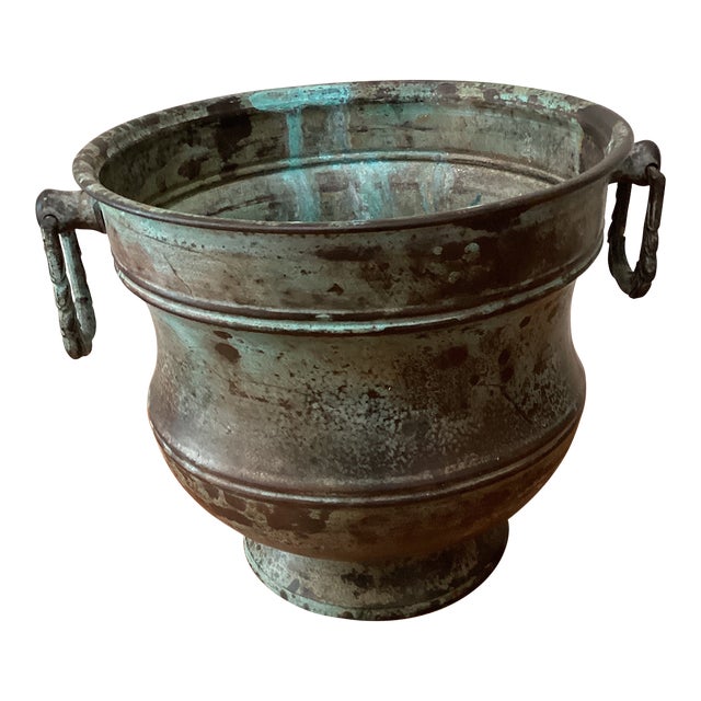 Vintage Rustic Brass Jardiniere Pot/ Planter in Verdigris Patina For Sale