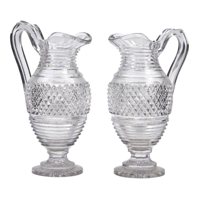 Large Antique Early 19th Century George III Anglo Irish Cut Crystal Glass Wine Ewers or Water Pitchers - A Pair For Sale