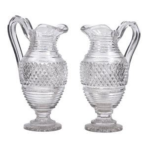 Large Antique Early 19th Century George III Anglo Irish Cut Crystal Glass Wine Ewers or Water Pitchers - A Pair