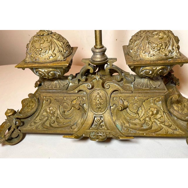 Antique Ornate 1800's Victorian Gilt Bronze Dual Inkwell Desk Lamp Stand Brass For Sale In New York - Image 6 of 12