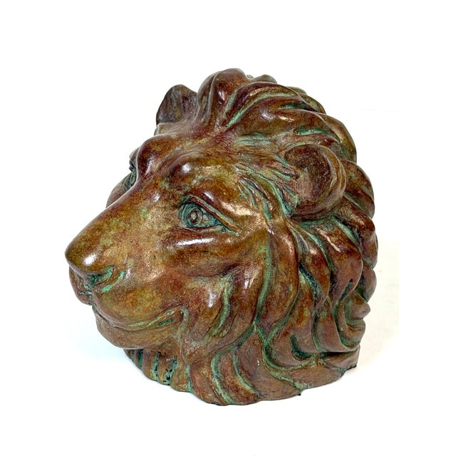Pair of Regal Bronze Lion Head Bookends with Verdigris Patinated Highlights For Sale - Image 9 of 11