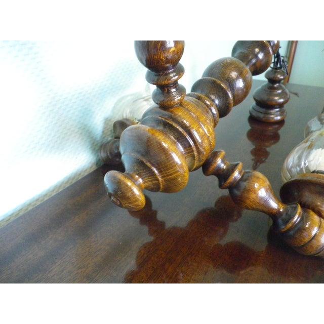 Three-Light Pendant Lamp in Varnished Turned Wood with Amber Tulip-Shaped Glass Shades, France, 1970s For Sale - Image 4 of 18