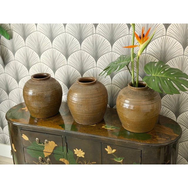 Tribal Antique Chinese Terracotta Ceramic Pickling Jar Flower Pot Planter Vases - Set of 3 For Sale - Image 3 of 9